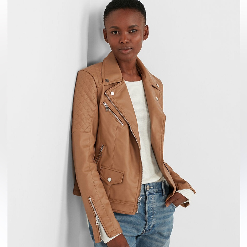 Camel Vegan Leather Moto Jacket